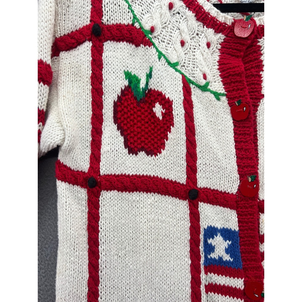 Vintage The Eagle's Eye Hand Knit Teacher School Cardigan Sweater Cream Red 1993 - Picture 4 of 16